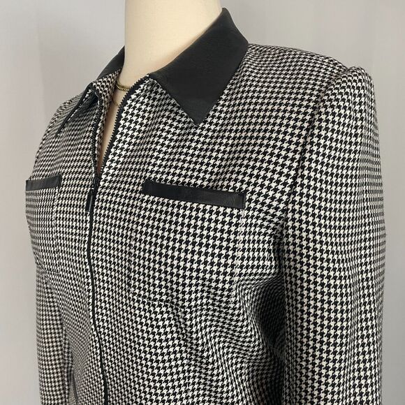 Vintage Jacket Size 14 Black White Houndstooth Full Zip Faux Leather Trim 90s - Picture 6 of 13